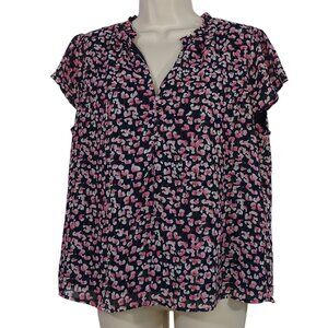 J Crew Floral Print Cap Sleeve Blouse Women Size M Blue Pink Lightweight BA741